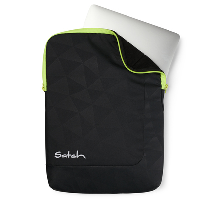 Schwarze Notebookhülle mit neonfarbenem Zipper, geeignet für Tablets und Laptops, leicht geöffnet.