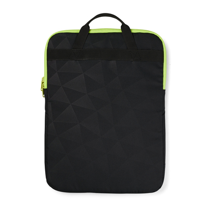 Schwarze Notebookhülle mit neonfarbenem Zipper und zwei Griffen, Rückansicht.