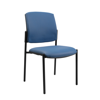Schwarzer Besucherstuhl mit blauer Polsterung und ergonomischer Rückenlehne ohne Armlehnen.