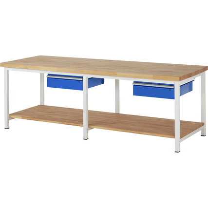 Holzwerkbank mit zwei blauen Schubladen und unterer Ablagefläche, auf einem Stahlgestell.