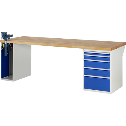 Werkbank mit Buchen-Oberfläche, 5 blauen Schubladen und Schraubstock an der linken Seite.