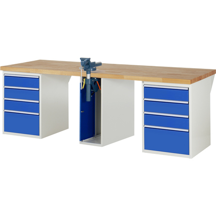 Werkbank mit Schraubstock und sieben blauen Schubladen, aus Buchenholz und Stahl.