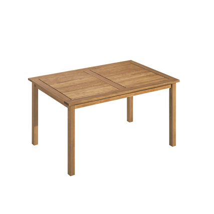 Holztisch mit rechteckiger Form, großer Tischplatte und vier vierkantigen Beinen.