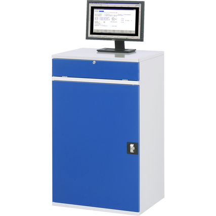Büromöbel mit blauem Fronthaus, Tastaturauszug und Monitor auf der Oberfläche.
