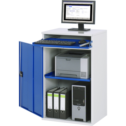 PC-Arbeitsplatz mit Tastaturauszug, Flügeltür und Innenablage für Drucker und Aktenordner.