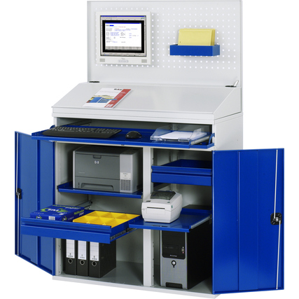PC-Arbeitsplatz Modell 61 mit Arbeitsplatz, Ablage, Schubladen und montiertem Bildschirm.