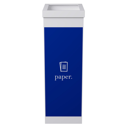 Blauer Abfallsammelbehälter mit weißem Deckel und Papier-Symbol auf der Vorderseite.
