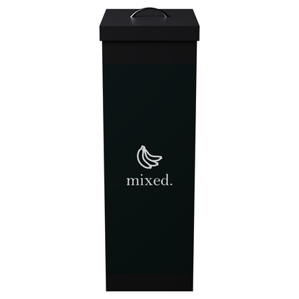Schwarzer Mülleimer für Restmüll mit dem Aufdruck „mixed.“ und einer stylischen Bauform.