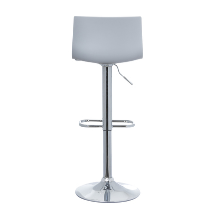 Grauer Barhocker mit verstellbarer Sitzhöhe und stabiler Chrombasis, Rückansicht.