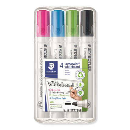 Vier farbige Whiteboardmarker in einer transparenten Verpackung.