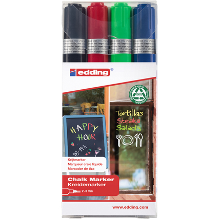 Vier edding Kreidemarker in rot, blau, grün und schwarz in einer transparenten Verpackung.