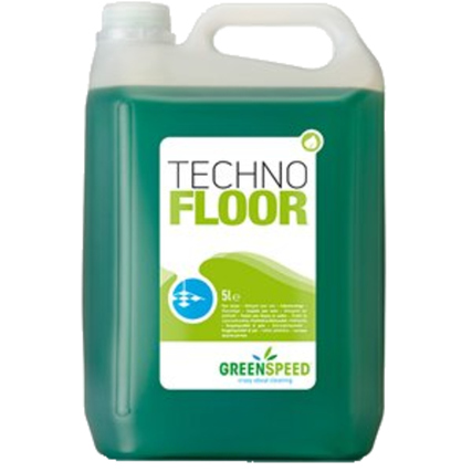 Grüner Kanister mit Bodenreiniger "Techno Floor" für die Reinigung harter Fußböden.