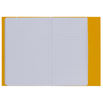 Gelber Heftschoner DIN A5 mit eingelegtem kariertem Papier.