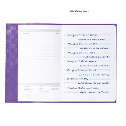 Violetter Heftschoner DIN A5 mit eingelegtem Blatt, das mit blauer Schrift beschrieben ist.
