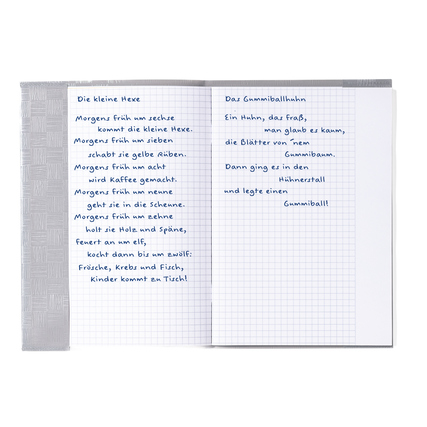 Grauer Heftschoner DIN A5 mit offenem Inhalt, der handschriftlichen Text zeigt.