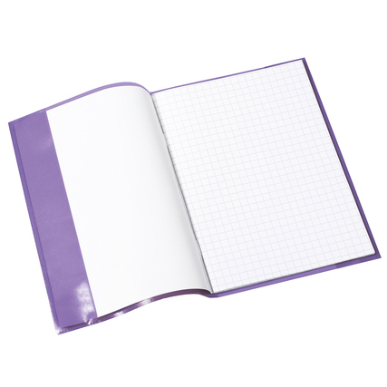 Violetter, transluzenter Heftschoner im DIN A5 Format, geöffnet mit kariertem Innenteil.
