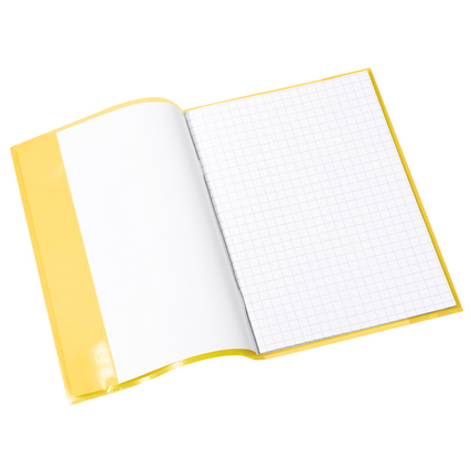 Gelber, transluzenter Heftschoner für DIN A5-Hefte mit kariertem Innenteil.