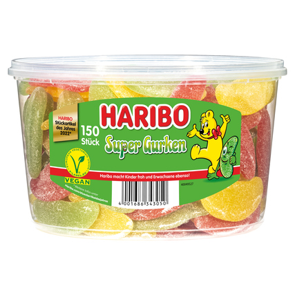 Packung mit 150 Stück HARIBO Fruchtgummi Super Gurken in verschiedenen Farben und Formen.