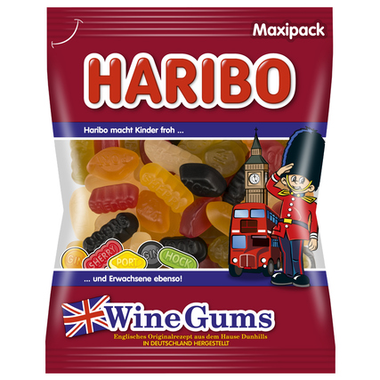 Tüte mit HARIBO Fruchtgummi WineGums in verschiedenen Farben und Formen, verpackt im Maxipack.