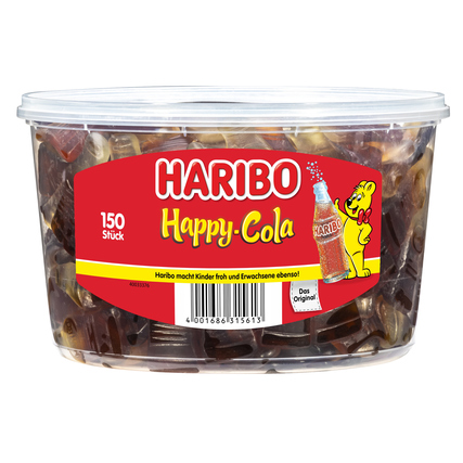 Behälter mit 150 Stück Fruchtgummis in Cola-Form, auf rotem Hintergrund mit Logo.
