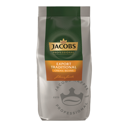 Kaffeetüte mit der Aufschrift "Export Traditional Crema Beans" in grauer und grüner Verpackung.