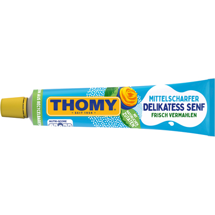 Tube mit mittelscharfem Senf in blauer Verpackung und gelbem Deckel, beschriftet mit 'THOMY'.