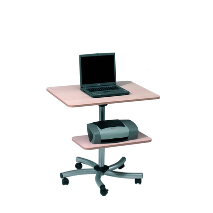 Mobiles, höhenverstellbares Monitorpult in Ahorn mit Laptop und Drucker auf zwei Ablageplatten.