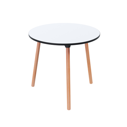 Runder Bistrotisch mit weißer Oberfläche und Holzbeinen, Höhe 75 cm, Durchmesser 80 cm.