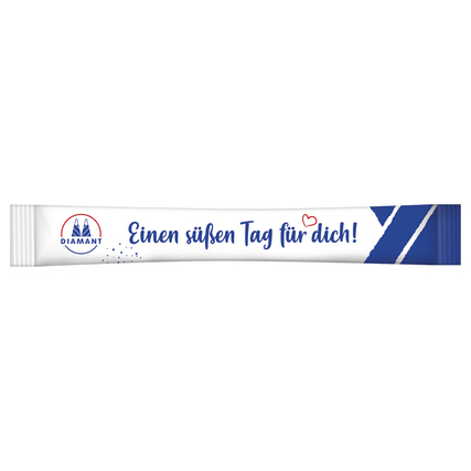 Zucker-Stick mit dem Schriftzug „Einen süßen Tag für dich!“ in blau-weißer Verpackung.