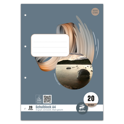 Schulblock DIN A4 mit 50 Blatt und buntem Cover-Design, vorgelocht für einen Ordner.