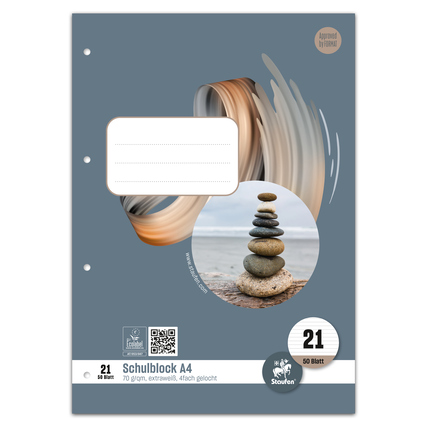 DIN A4 Schulblock mit 50 Blatt, gestreifter Hintergrund und Steinen auf dem Cover.