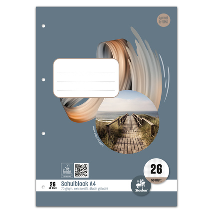 Schulblock DIN A4 mit 50 Blatt, grauem Deckblatt und runden Motiven in der Mitte.