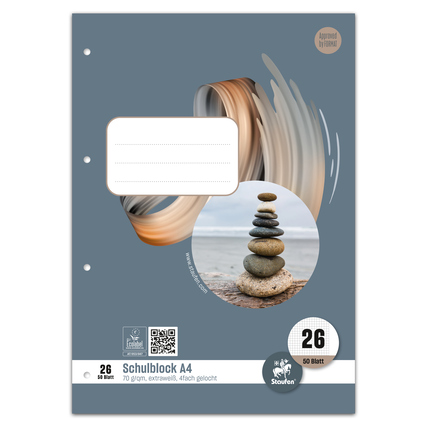 Schulblock DIN A4 mit 50 Blatt und gestreiften Design auf grauem Hintergrund.
