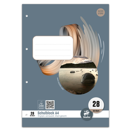 Schulblock DIN A4 mit 50 Blättern, gezeichnet in grauem Design mit Bild und Beschriftungsfeld.