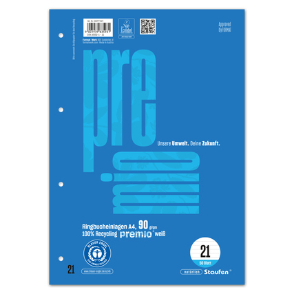 Ringbucheinlage in A4-Format, liniert und aus 100% Recyclingpapier, 90g, 50 Blätter.