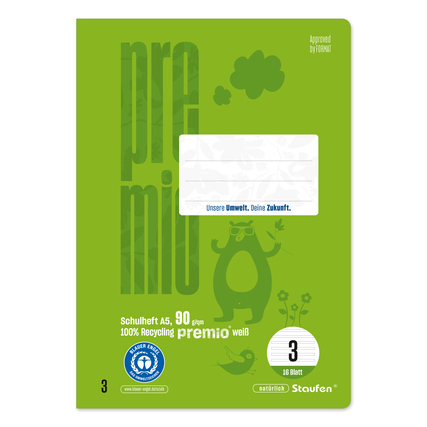 Grünes A5-Schulheft mit linierter Seitenlayout, 16 Blätter und Umweltbotschaft auf dem Cover.