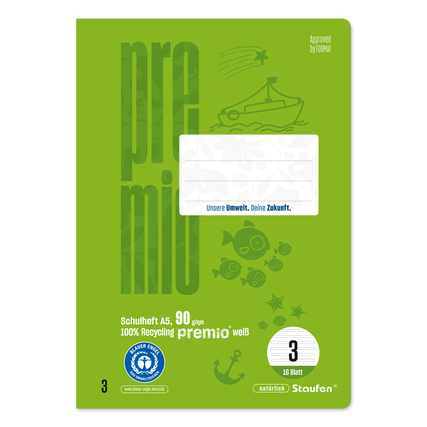 Grünes A5 Schulheft mit liniertem Papier und einem Umweltschutzsymbol auf dem Cover.