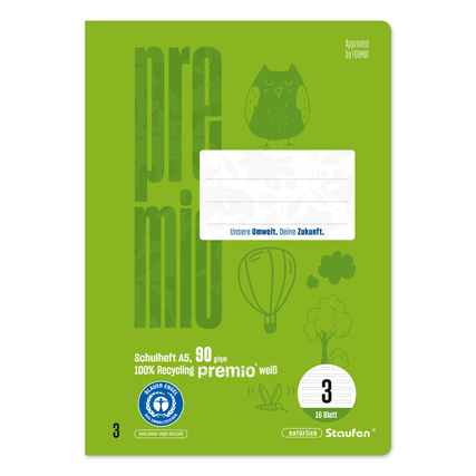 Grünes liniertes Schulheft im DIN A5 Format mit 16 Blatt und Recycling-Logo.