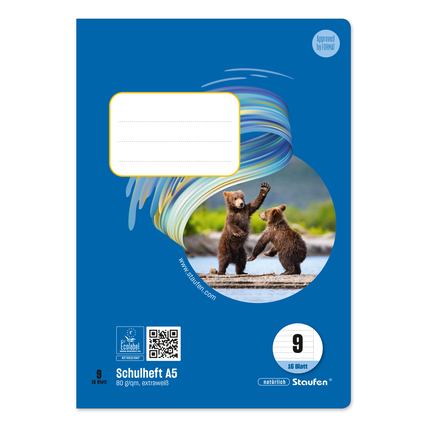 Blaues Schulheft im DIN A5 Format mit zwei spielenden Bären auf der Vorderseite.