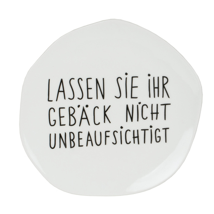 Handgefertigter Teller mit dem Schriftzug "LASSEN SIE IHR GEBÄCK NICHT UNBEAUFSICHTIGT".