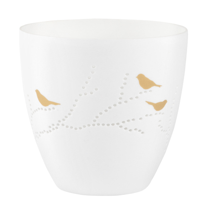 Weißes Windlicht aus dünnem Porzellan mit filigranen Vogel- und Zweigmuster in Gold.