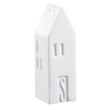 Matte Porzellan Salzstreuer in Hausform mit "S" und zwei kleinen Löchern oben.