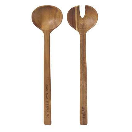Holzsalatbesteck mit gelasertem Schriftzug "DA HABEN WIR DEN" und "SALAT".