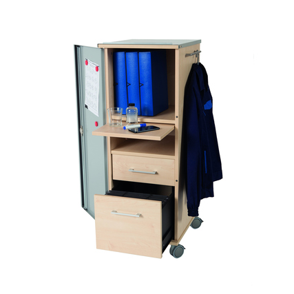 Mobiler PC-Arbeitsplatz mit Schubladen, Regalboden und Metalltür in Buche-Optik.