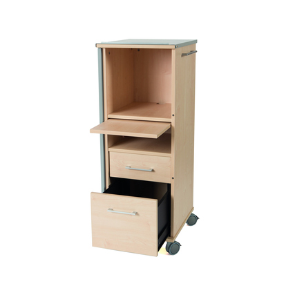 Mobiler PC-Arbeitsplatz mit ausziehbarem Regalboden, Schubladen und Metallgriff in Buche.