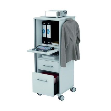 Mobiler PC-Arbeitsplatz mit Regalboden, Schubladen und seitlichem Metallgriff für Jacken.