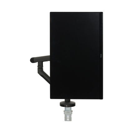 Monitorarm in schwarzer Ausführung mit seitlicher Ansicht und Klemmhalterung zur einfachen Montage.