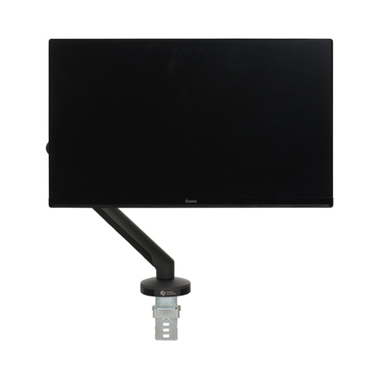 Schwarzer Monitorarm mit Klemme und einem angebrachten Monitor in seitlicher Ansicht.