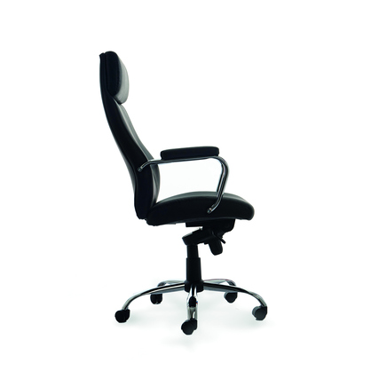 Ergonomischer Chefsessel in seitlicher Ansicht mit Kopfstütze und Armlehnen.