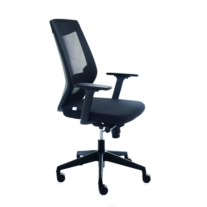 Schwarzer ergonomischer Bürodrehstuhl mit Rückenlehne aus Mesh-Gewebe und verstellbaren Armlehnen.